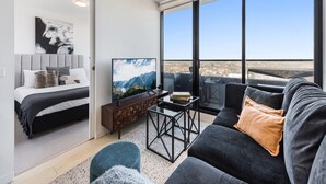 Apartment | Living room - Chic 1-bed With City Views, Parking, Gym & Pool (Melbourne)