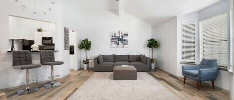 Smart TV, fireplace, books, printers