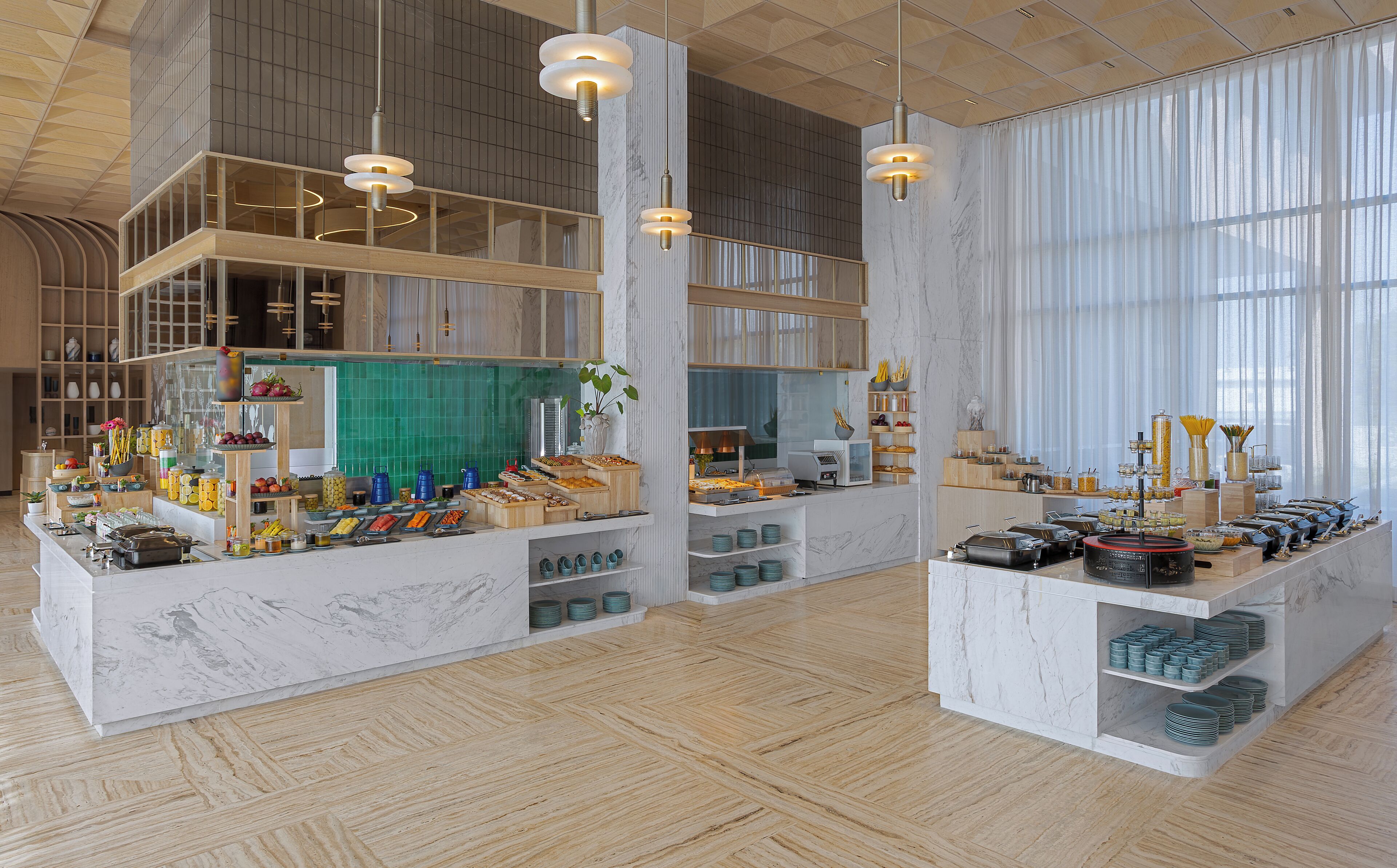 A spacious hotel lobby with high ceilings, marble flooring, and modern lighting fixtures.