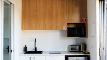 Mini-fridge, microwave, stovetop, electric kettle