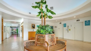 Eine Lobby mit einer zentralen Holzbank, einem Blumentopf und einer Decke mit eingelassener Beleuchtung.