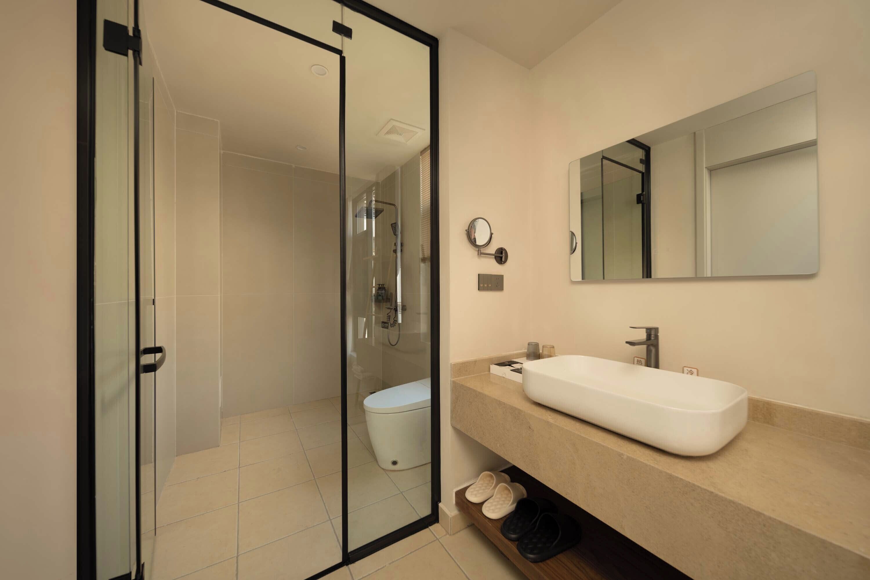 A modern bathroom with a glass shower enclosure, a white sink, and a large mirror.