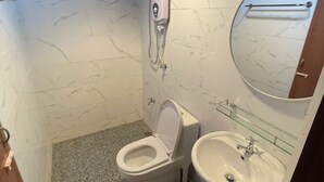 Een badkamer met toilet, wastafel en een handdouche.