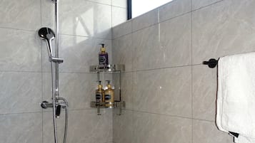 Regadera, toallas, jabón, papel de baño