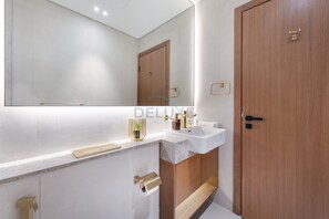 Shower, hair dryer, bidet, towels