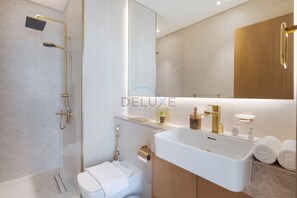 Shower, hair dryer, bidet, towels