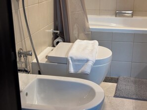 Hair dryer, bidet, towels, soap