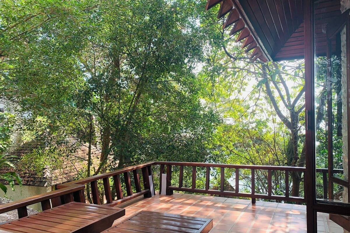 A wooden deck with benches, surrounded by lush greenery and trees.