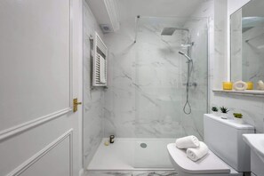 Douche, sèche-cheveux, serviettes fournies, savon