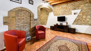 A room with a stone wall, a fireplace, a television, a red chair, and a patterned rug.