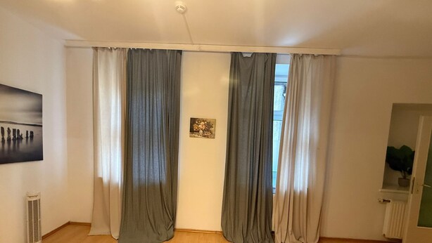 A room with a wooden floor, a radiator, a painting on the wall, and a door with a plant on the radiator.