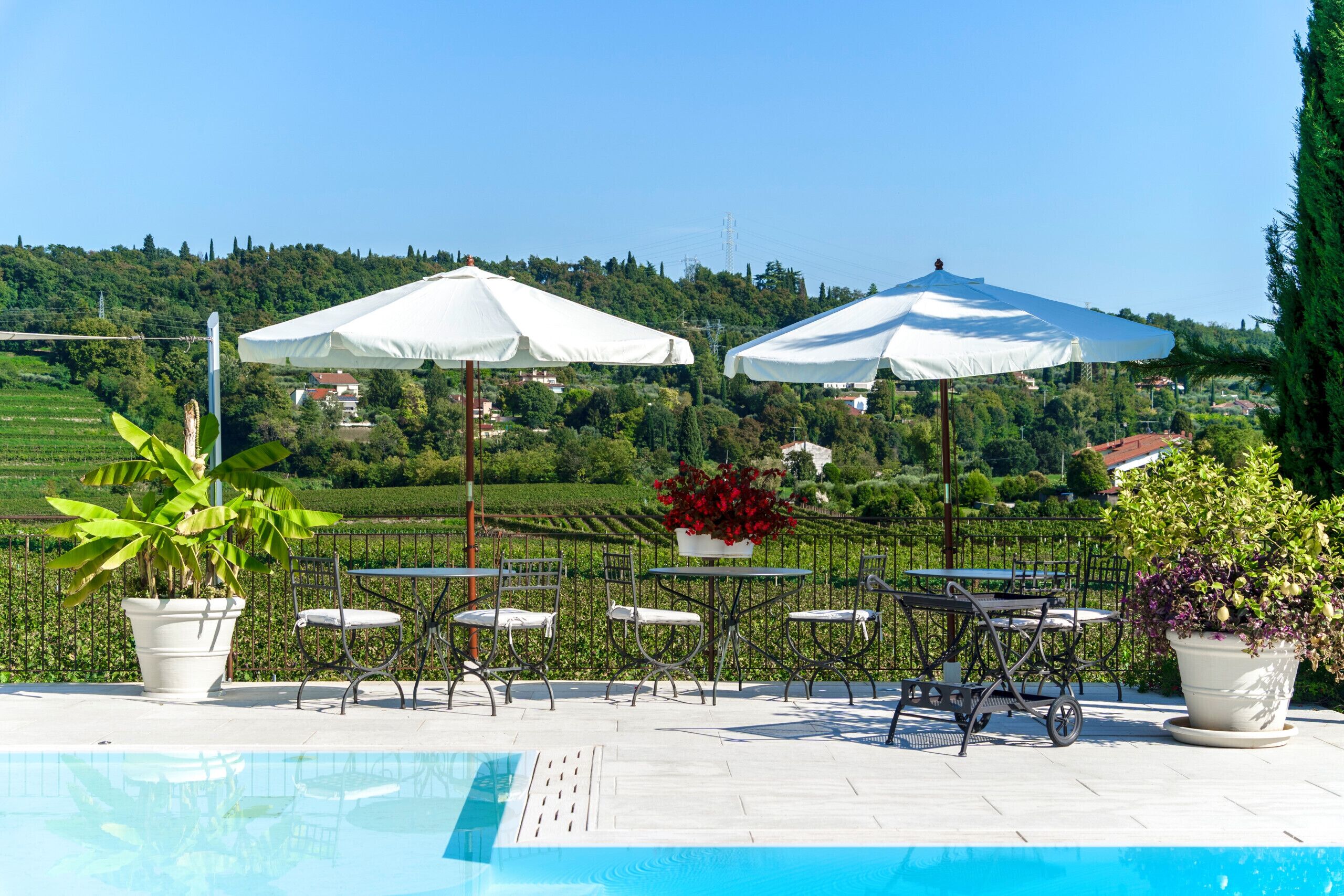 A poolside area with a view of a vineyard and hills. There are outdoor tables and chairs, and two large umbrellas providing shade.