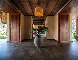 Un pasillo con puertas de madera, una maceta grande con plantas tropicales y una lámpara colgante.