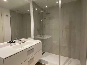 Douche, séchoir à cheveux, serviettes fournies, shampooing