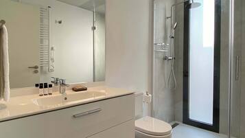 Shower, hair dryer, towels, shampoo