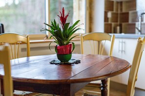 Une table de salle à manger en bois, ornée d’une plante en pot au centre, entourée de chaises.