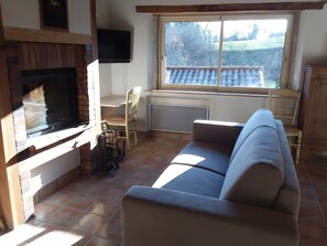 Télévision, cheminée, table de tennis de table