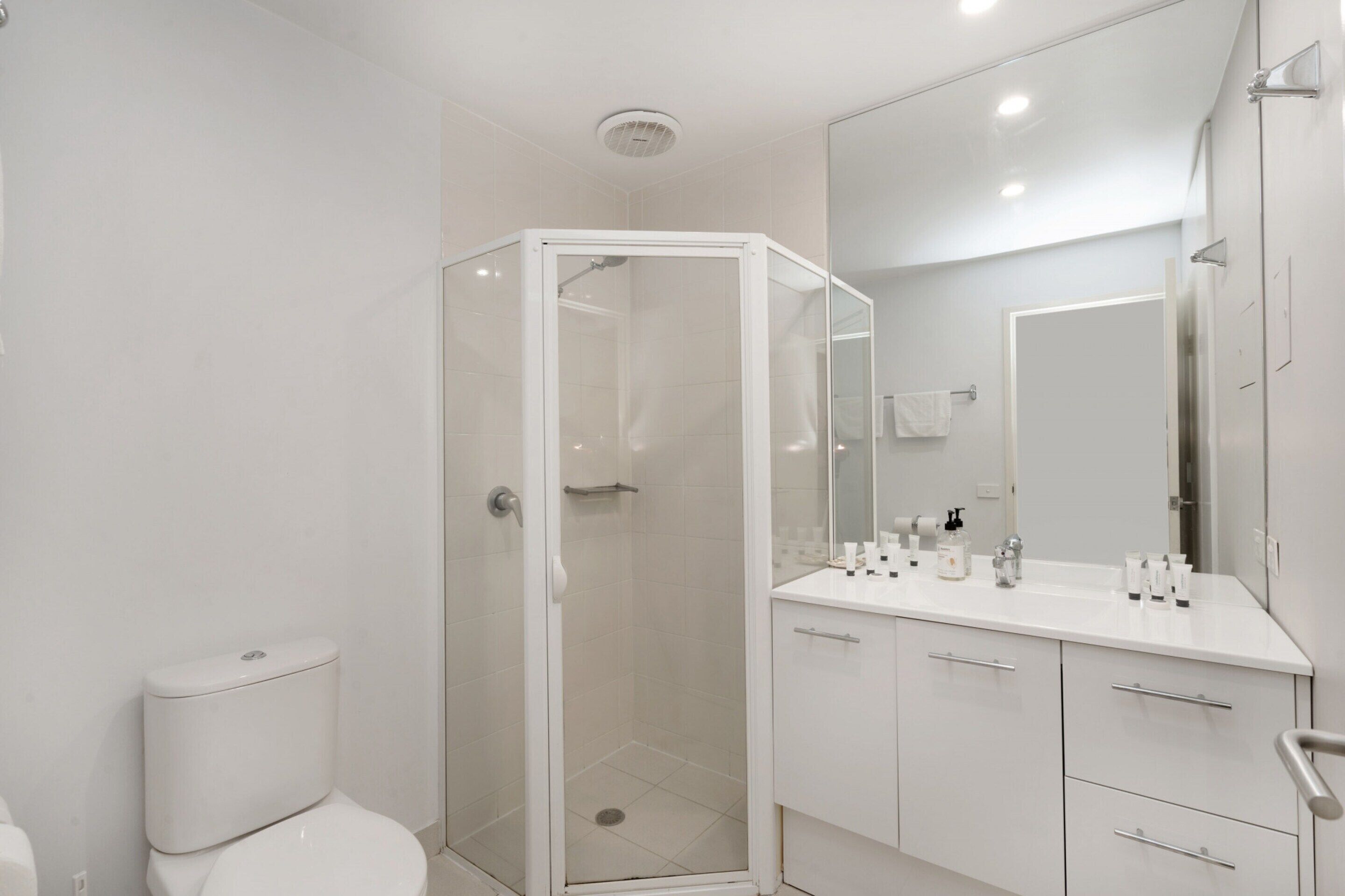 A modern bathroom with a glass-enclosed shower, a white toilet, and a vanity with a mirror and toiletries.