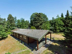 A wooden cabin with a gravel roof, surrounded by dense forest.