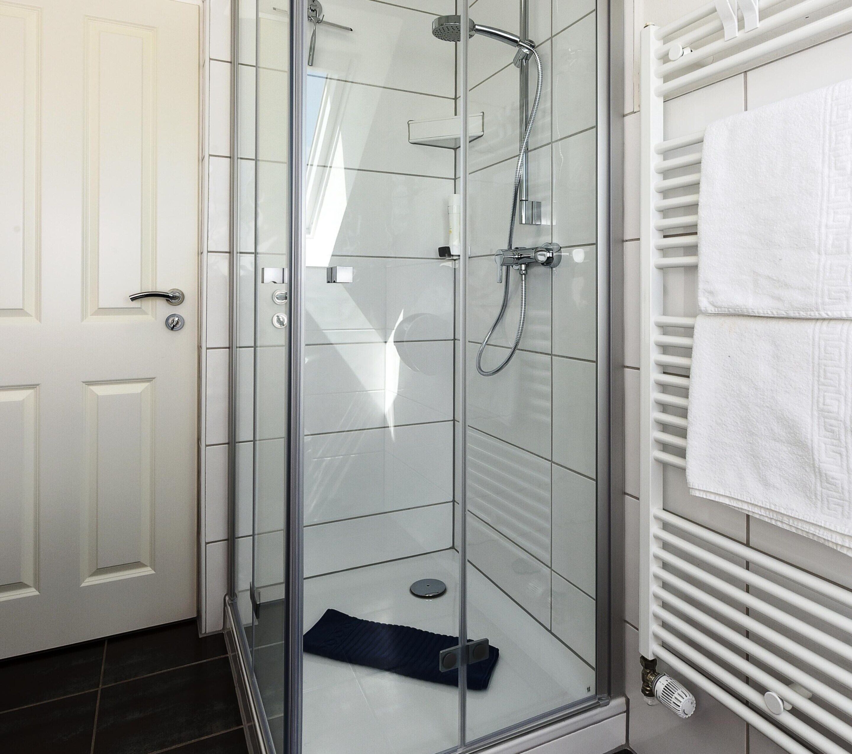 A glass-enclosed shower with a handheld showerhead and a wall-mounted faucet.