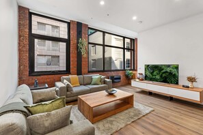 Apartment | Living area - 1-bed Warehouse Conversion in Melbourne CBD (Melbourne)