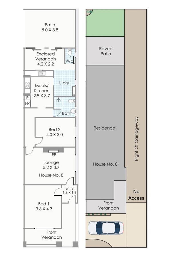 Plan d’étage d’une maison comprenant un patio, une véranda fermée, une cuisine, une salle de bain, un salon et deux chambres.