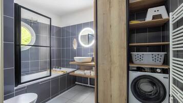 Hair dryer, towels, soap, toilet paper