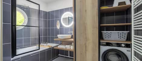 Hair dryer, towels, soap, toilet paper