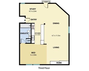 Een plattegrond van een appartement op de derde verdieping, met een studeerkamer, eetkamer, woonkamer, keuken, aangrenzende badkamer en een aparte slaapkamer.