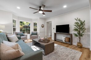 Televisio, takka, työhuone