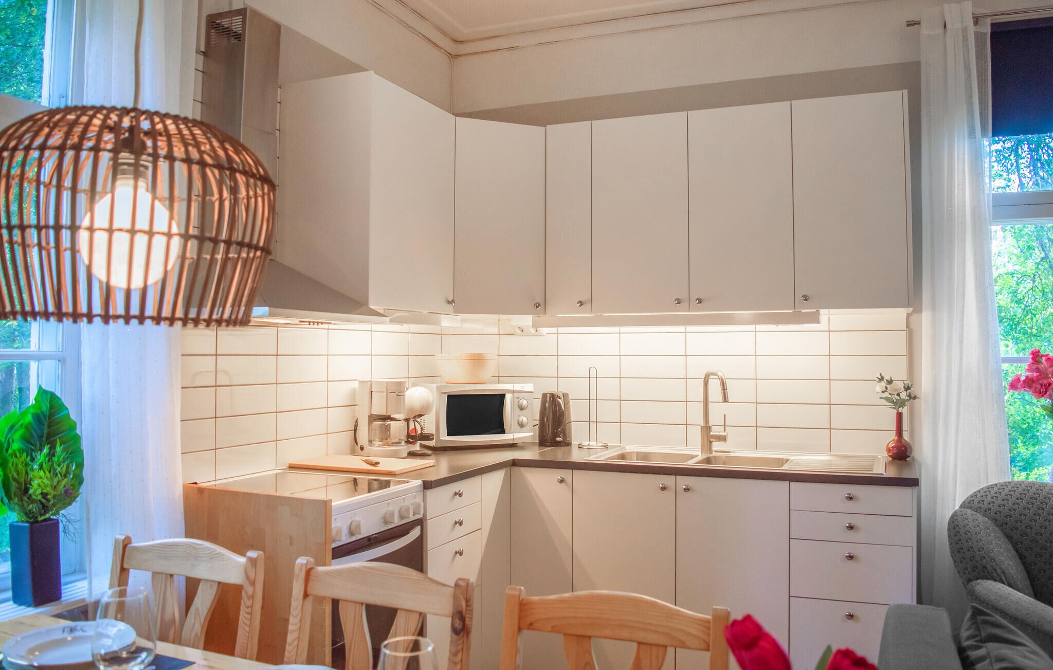 Cocina compacta con armarios blancos, microondas, hervidor de agua y pileta. Hay una zona de comedor con mesa y sillas, y una planta en maceta cerca de la ventana.