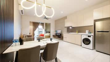 Hypo-allergenic bedding, desk, laptop workspace, blackout curtains