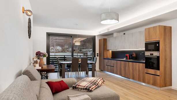 A modern living room with a sofa, a dining area, and a kitchen with wooden cabinets and appliances.