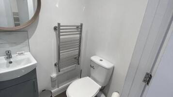 Dusch, gratis toalettartiklar, hårtork och bidé