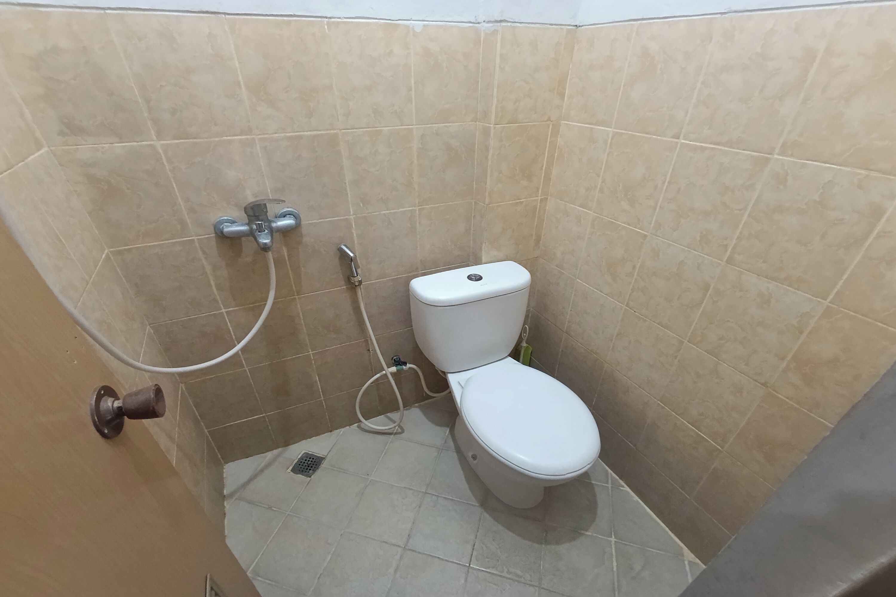 A small bathroom with a toilet, a showerhead, and a door.