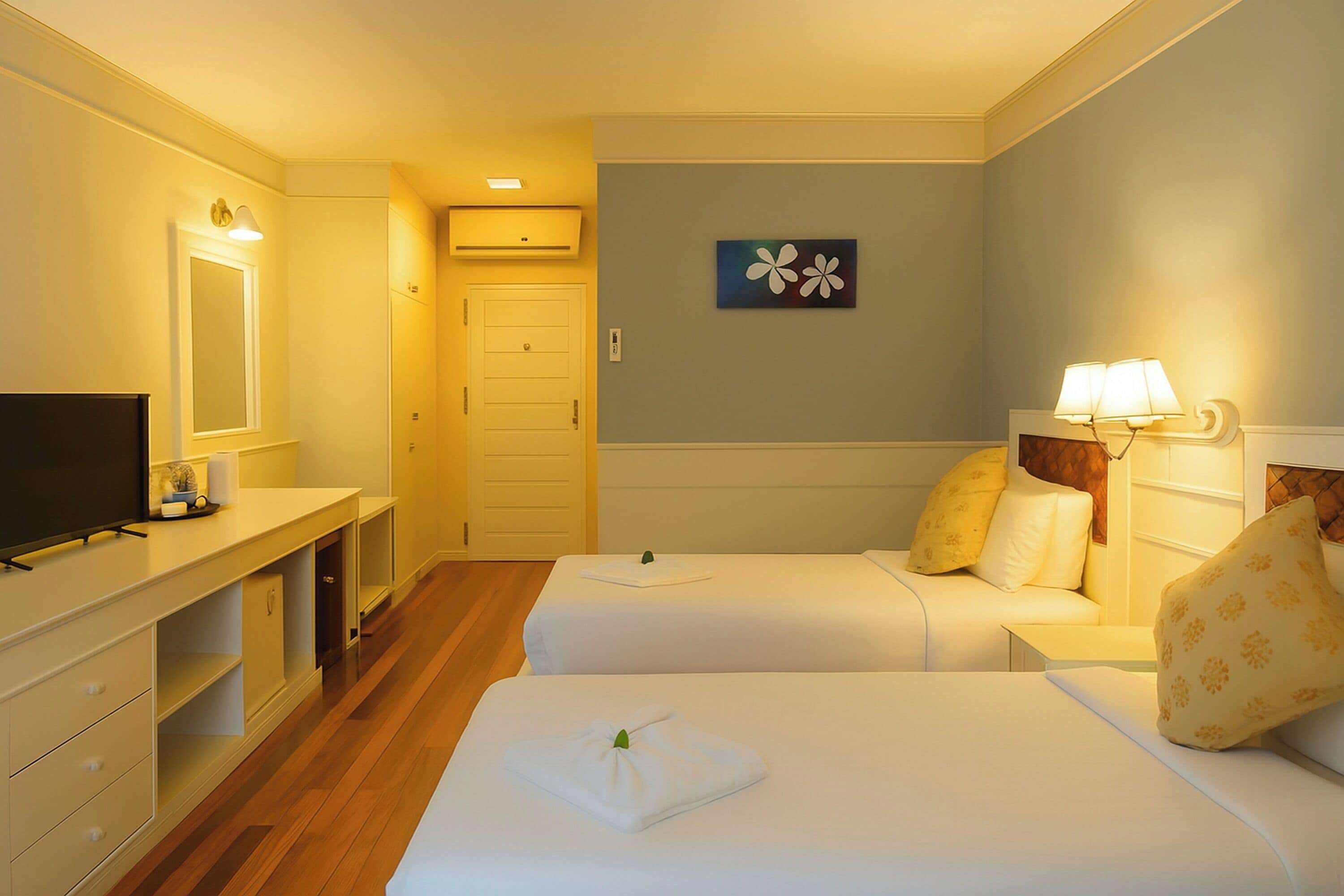 Habitación de hotel con dos camas, televisión, escritorio y lámpara de pared.