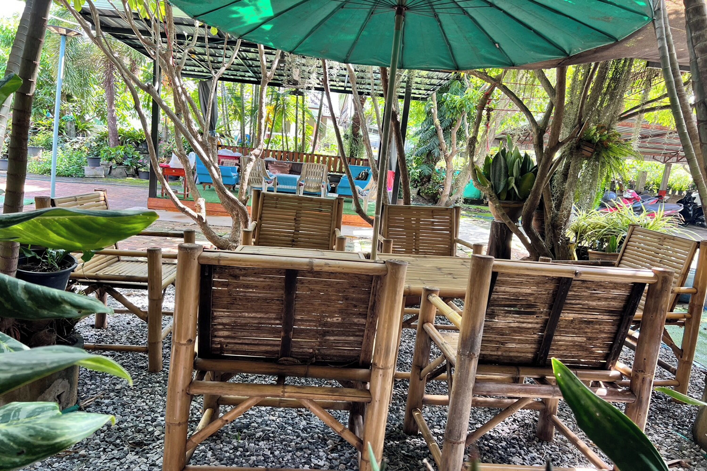 Un espace extérieur aménagé avec des chaises et des tables en bois, entouré de plantes en pot et surplombé d’un parasol vert.