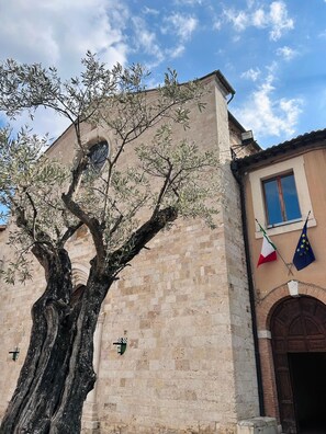 Ein Gebäude mit einem großen Baum davor, einer Steinfassade und Flaggen auf der rechten Seite.