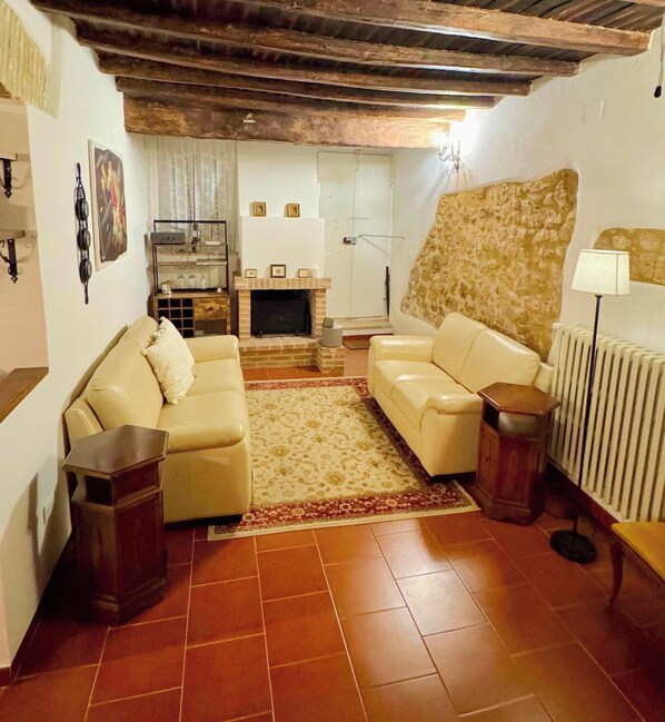 A living room with a fireplace, two sofas, a rug, and a radiator.
