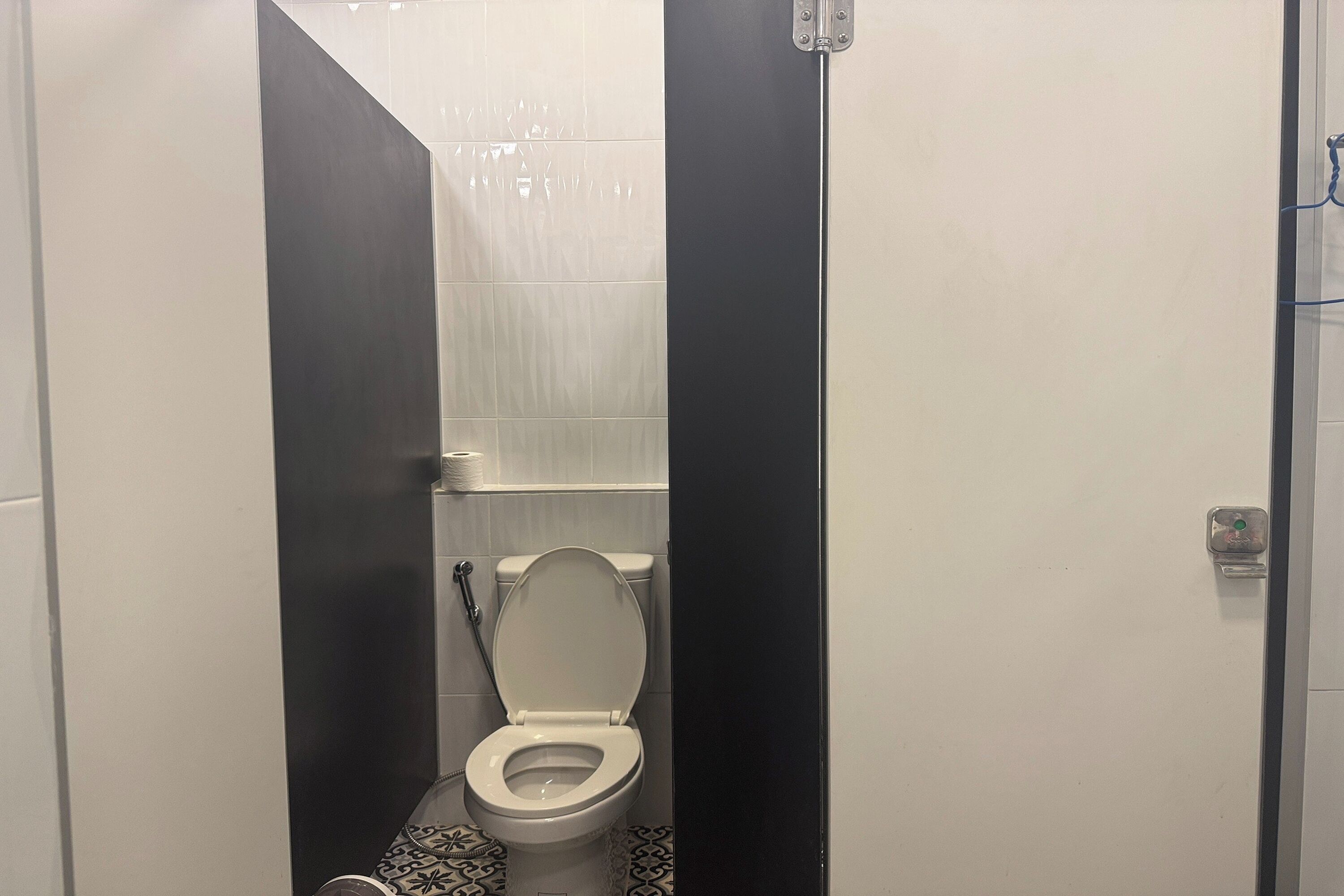 A small, narrow bathroom with a toilet, a shower, and a toilet paper holder on the wall.