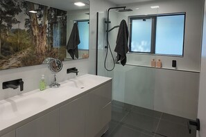 Shower, hair dryer, towels, soap