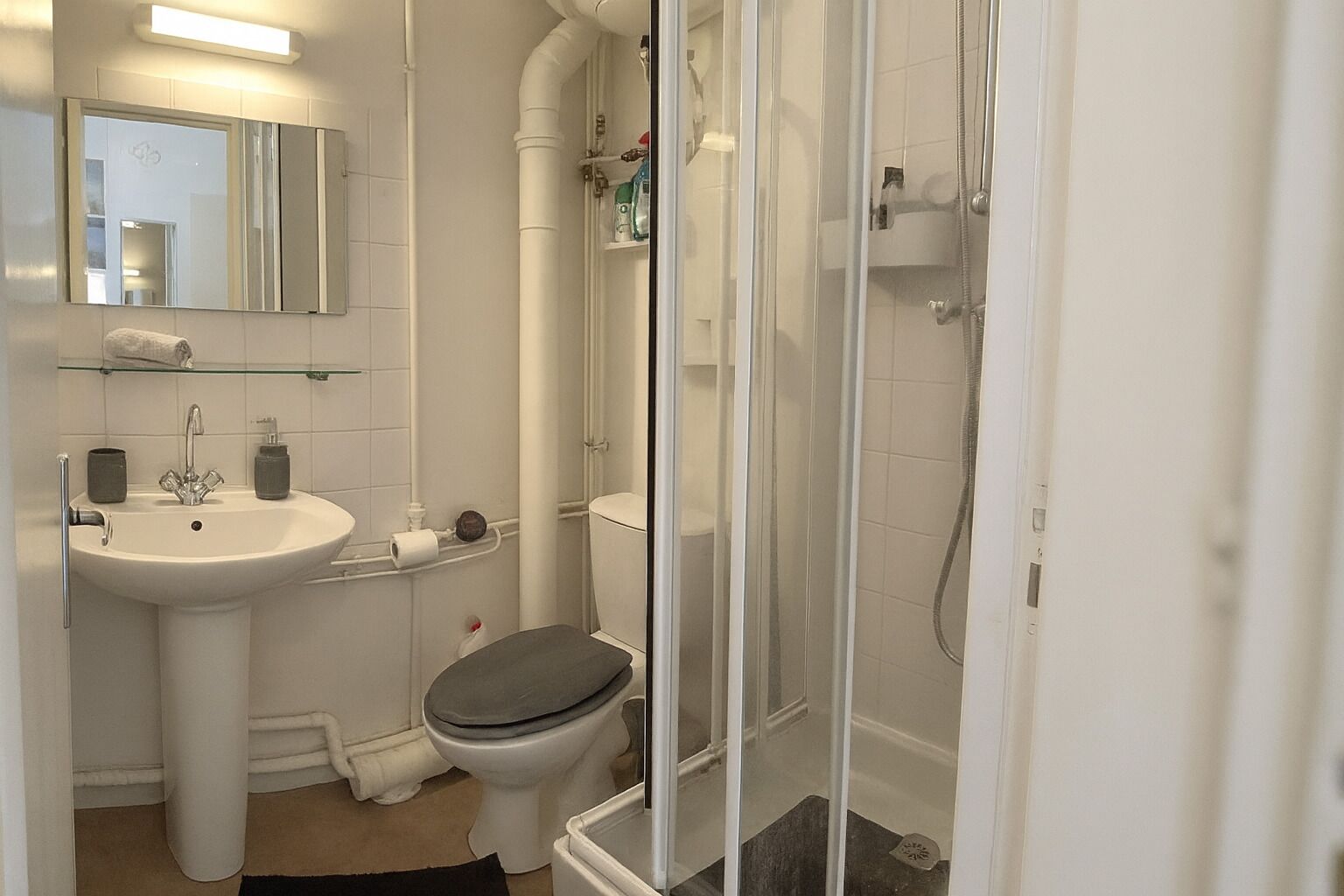 Shower, towels, soap, toilet paper