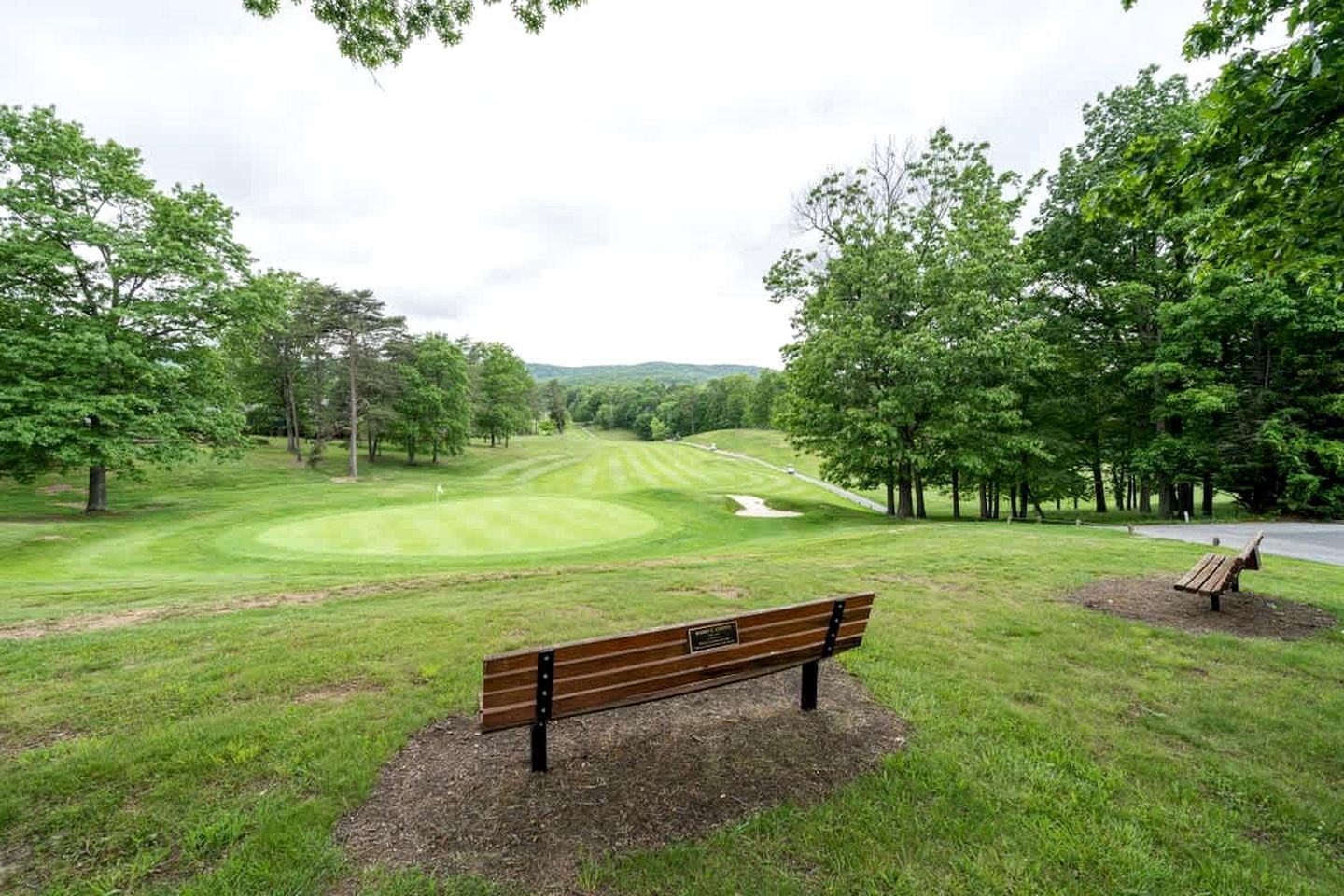A park with a bench, a golf course, and trees.