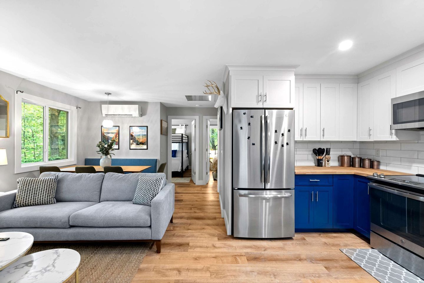 Fridge, dining tables