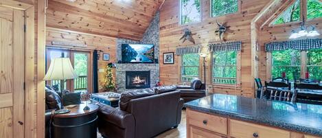 Smart TV, fireplace, stereo