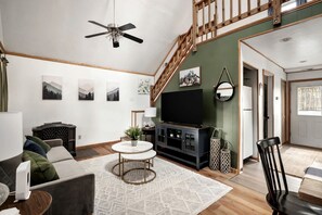 Living area - Cozy Cabin with Hot Tub, Fire Pit, Wifi, Grill Deck & Pets, Rio, WV (Rio)