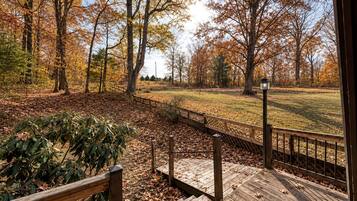 A wooden deck with a view of a park with trees and a fence.
