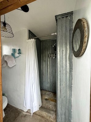 Un baño con ducha, inodoro, toallero y espejo.