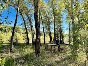 A campsite with a picnic table and a tent.