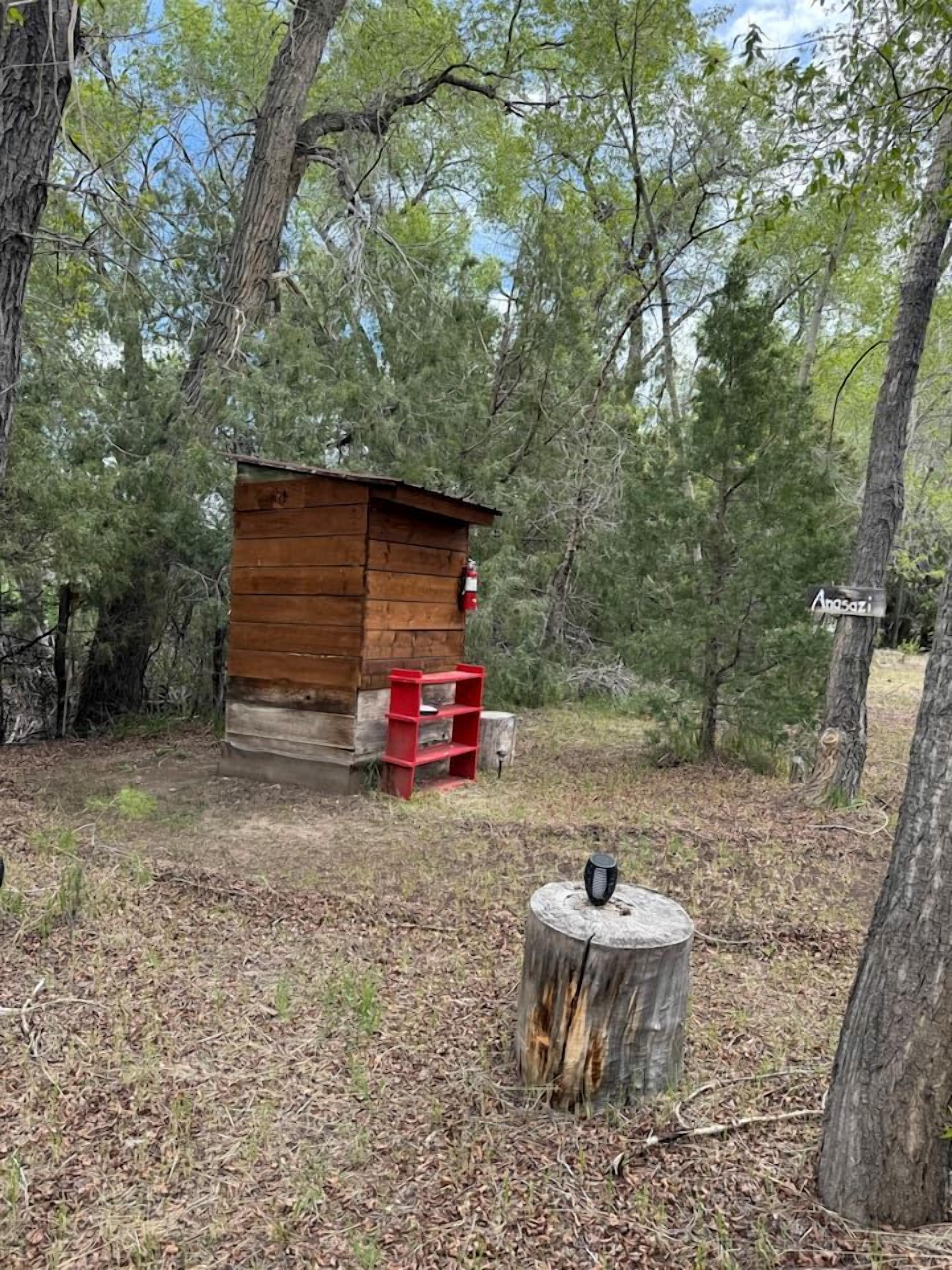 Une cabane en bois avec une étagère rouge et un extincteur, entourée d’arbres.